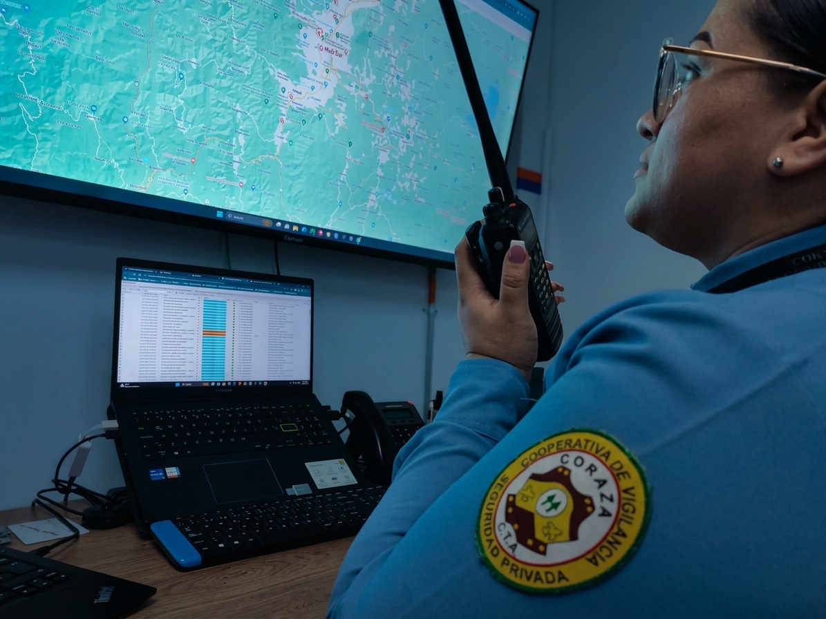Operadora de la central de monitoreo de CORAZA con radio frente al mapa de seguimiento