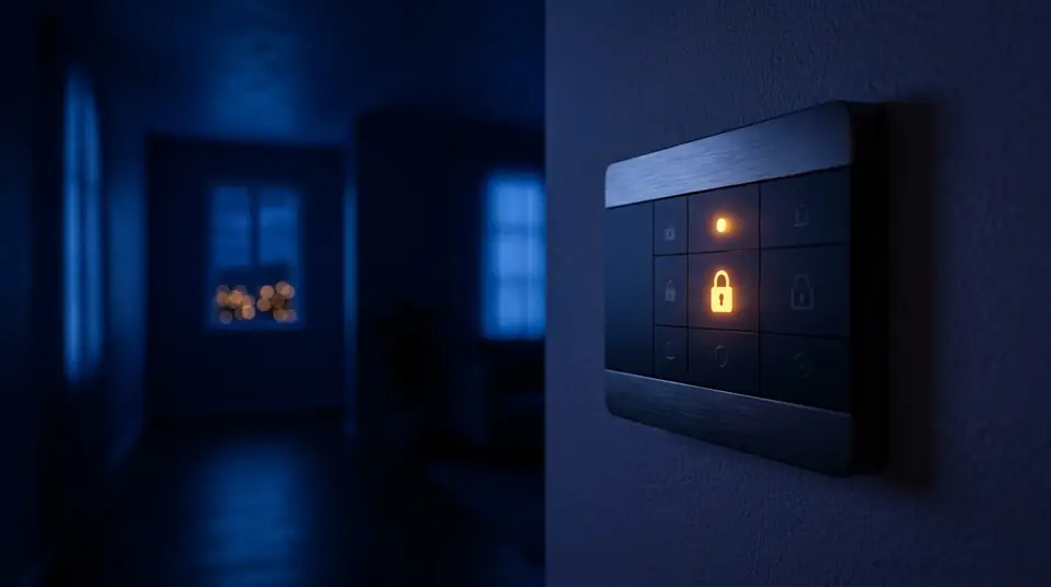 Panel de alarma iluminado en la pared de una casa de noche
