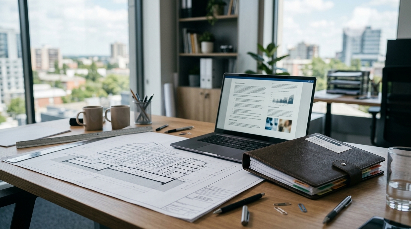 Mesa de trabajo con el plano de un edificio y un informe de evaluación de riesgos