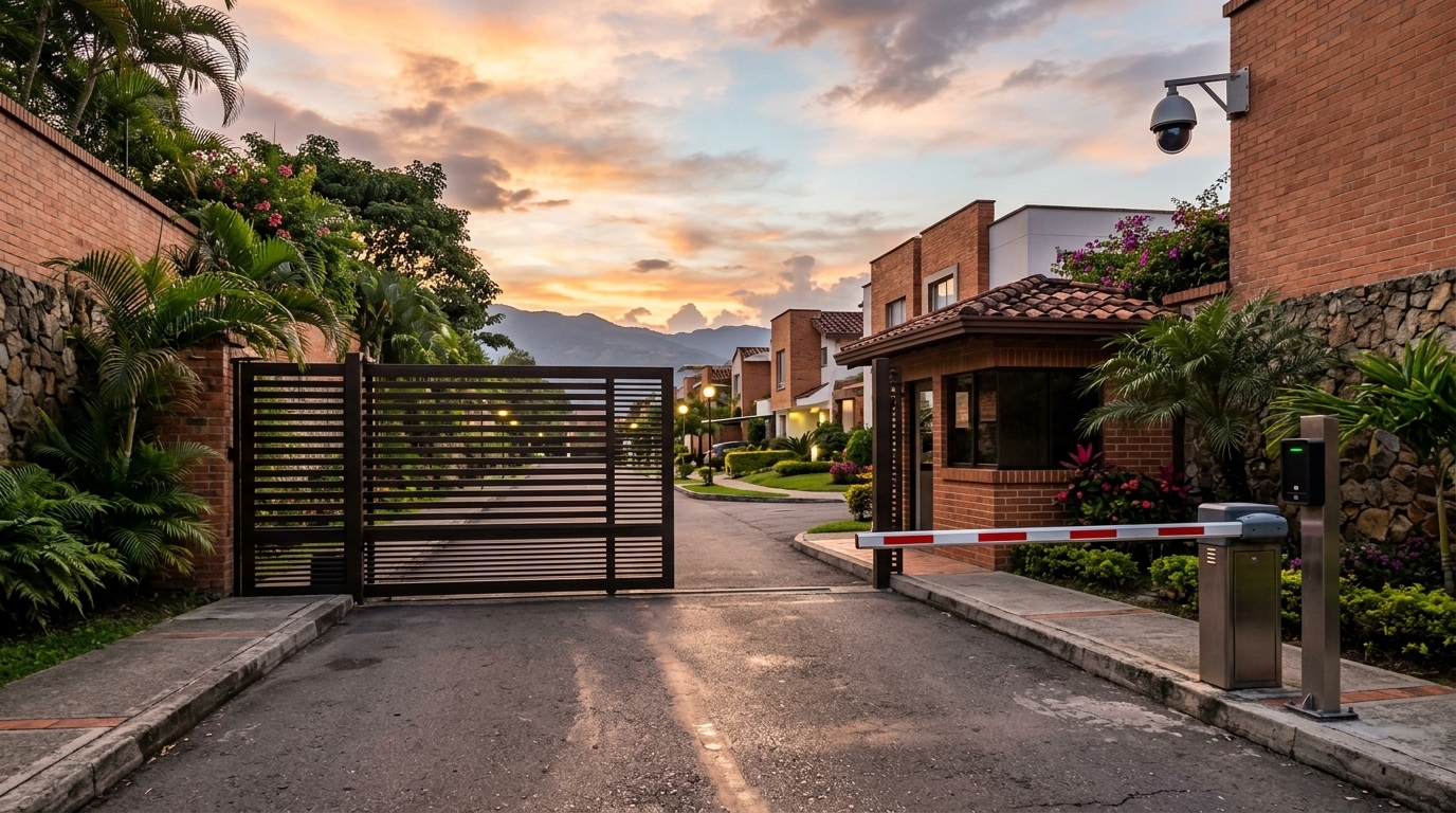 Portón vehicular automático con barrera de acceso en un conjunto residencial