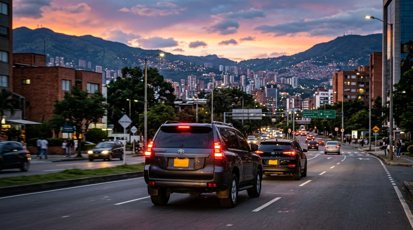 Camioneta de escolta circulando por una avenida de Medellín al atardecer