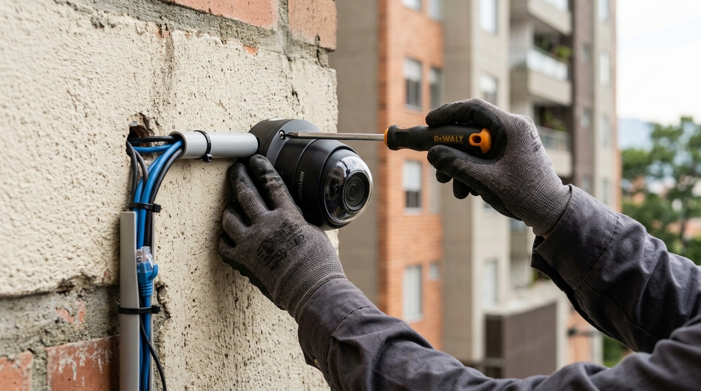 Técnico instalando una cámara de seguridad en una pared