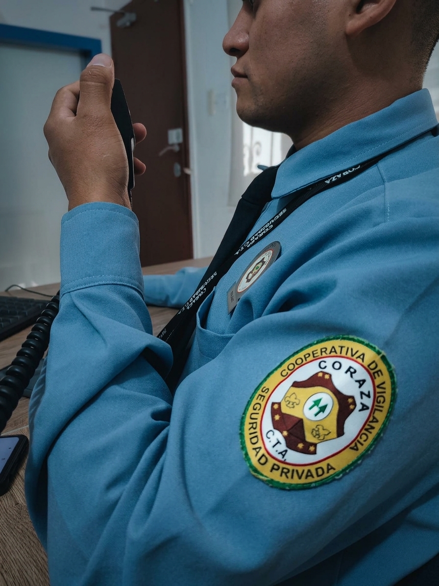 Escudo de CORAZA en el uniforme de un operador con radio