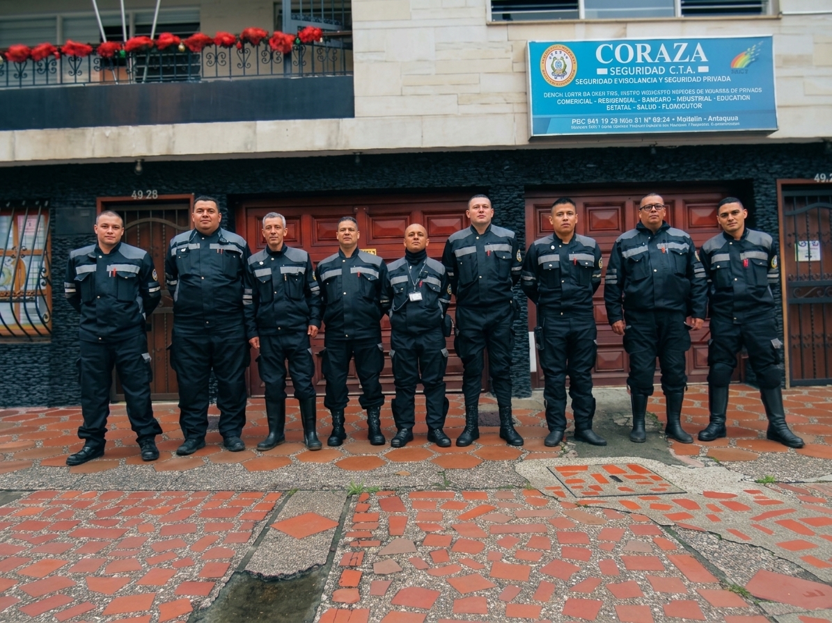 Equipo de supervisores de CORAZA frente a la sede principal en Medellín