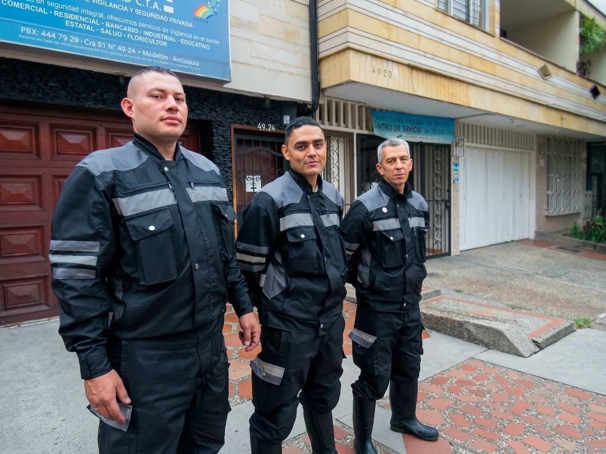Tres supervisores de CORAZA frente a la sede principal en Medellín