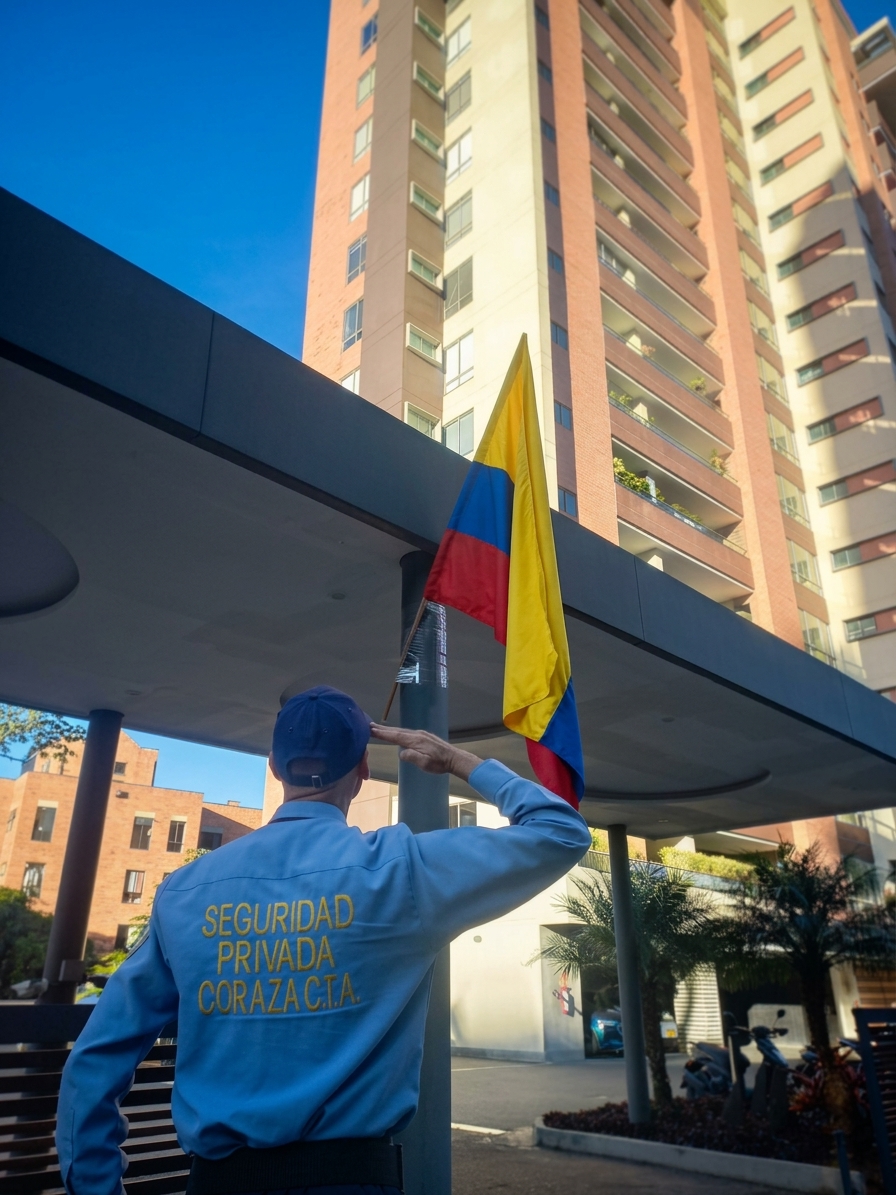 Vigilante de CORAZA saludando la bandera de Colombia en la portería de un edificio residencial
